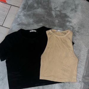 Black crop top shirt and Tan crop